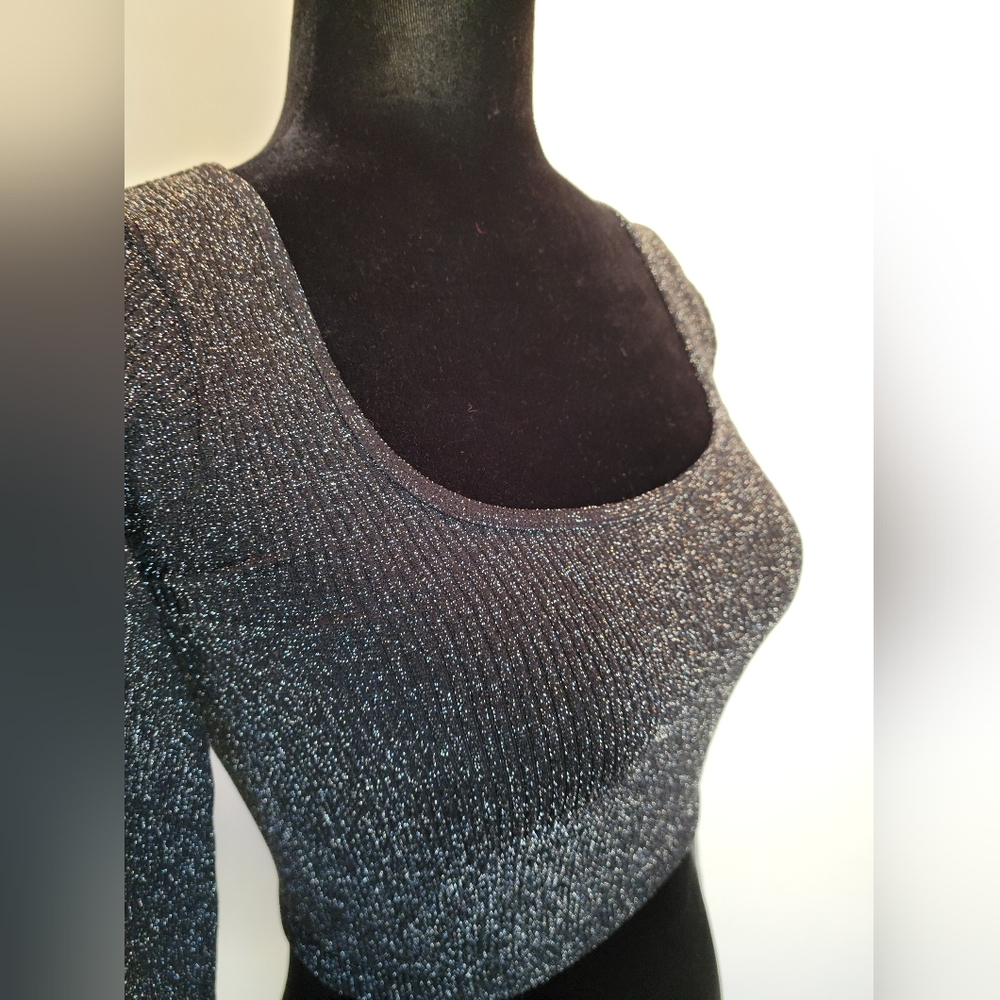 👯‍♀️Zara Black Silver Metallic Stretch Rib Knit Crop Top Long Sleeve Top